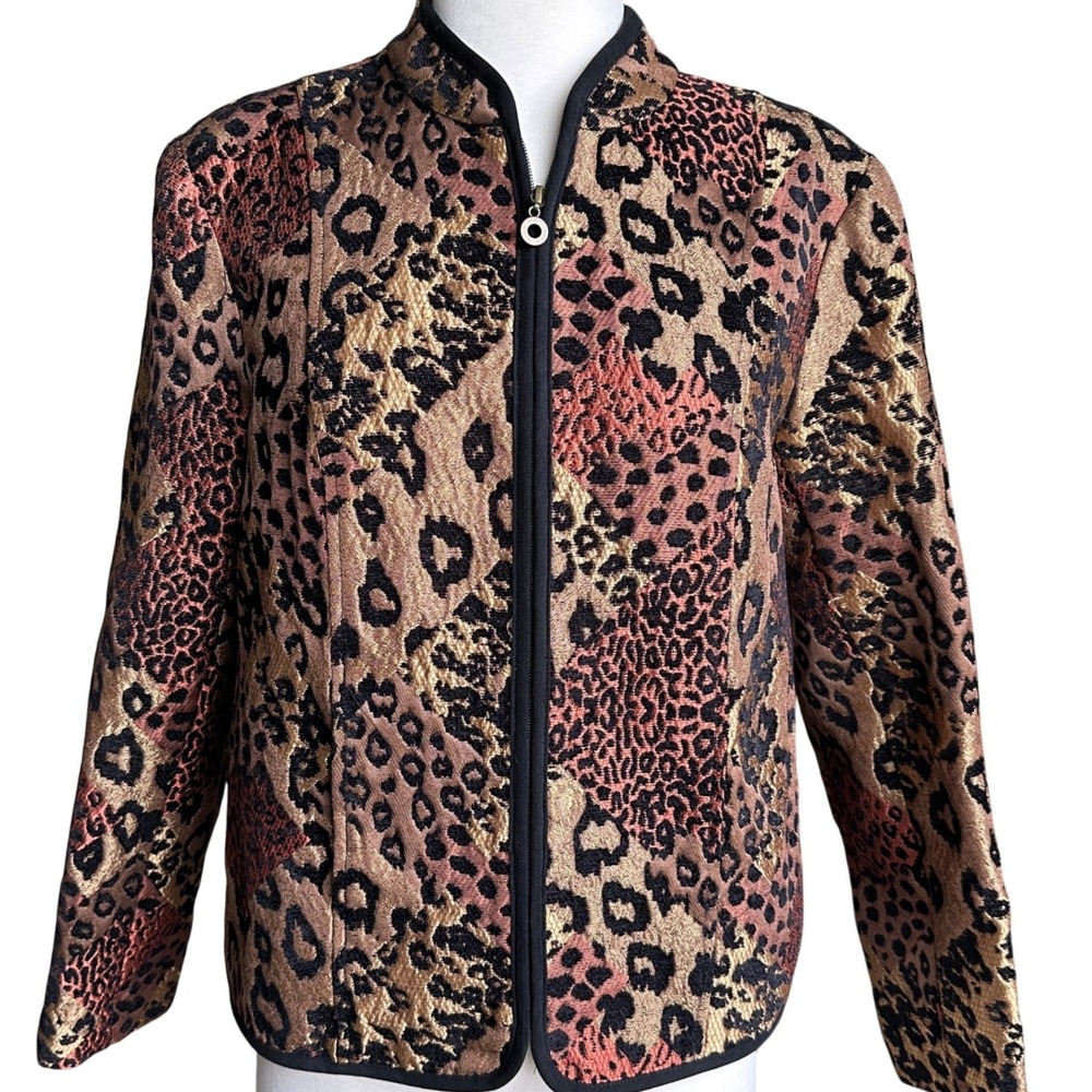 VTG 90s Y2K Leopard Animal Print Blazer Jacket M Embroidered Tapestry Jacquard